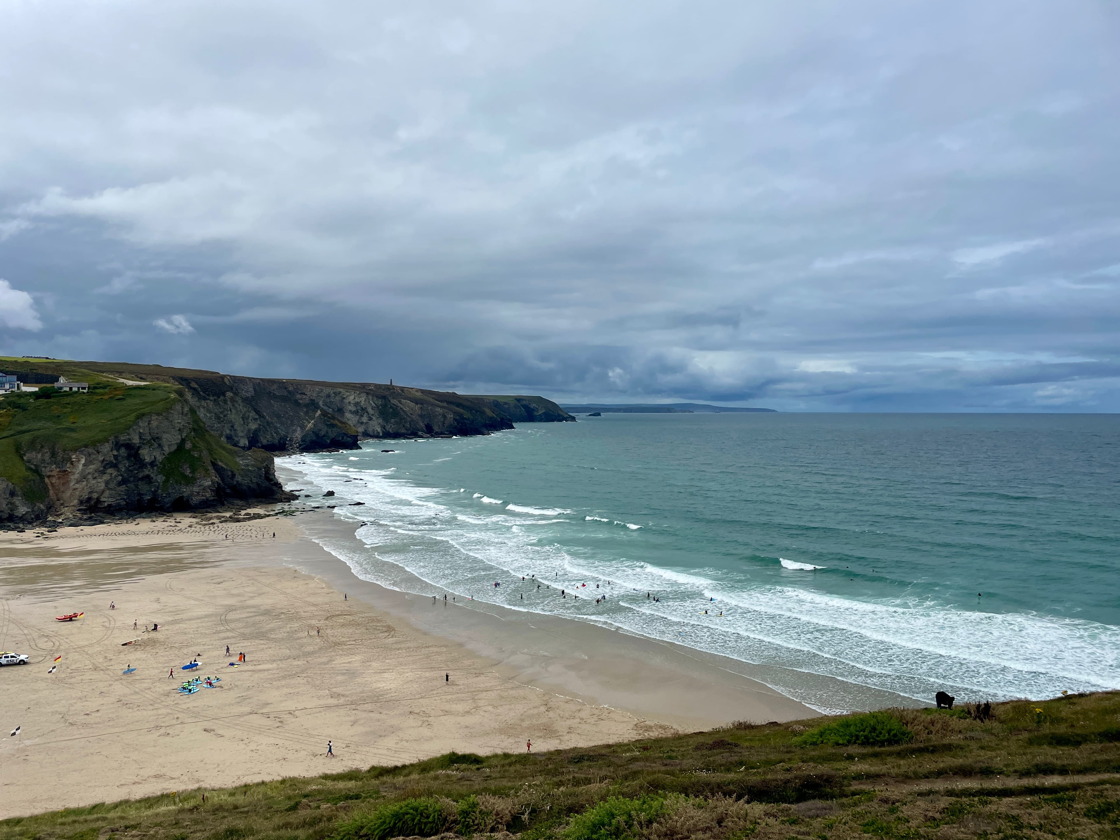 Porthtowan beach viewed from the cliffs on the South West Coast Path, North Cornwall